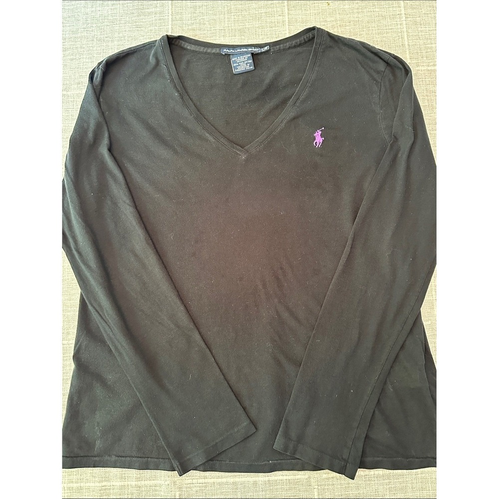 Ralph Lauren V-Neck Top Women Large Black Pima Cotton‎ Quiet Luxury Preppy Basic - Picture 3 of 9